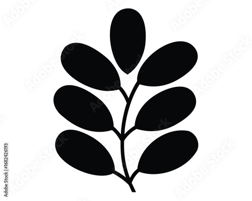 Black silhouette of a plant stem with oval leaves vector illustration