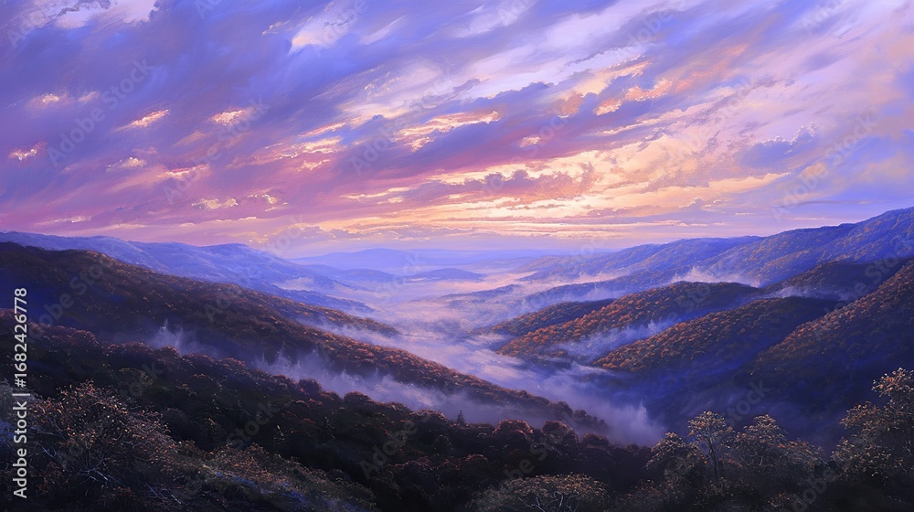 Obraz premium The beautiful scenery of the Blue Ridge Mountains, purple and pink skies, white clouds floating above, and below the mountains are misty valleys, and the slopes are covered with dense trees.