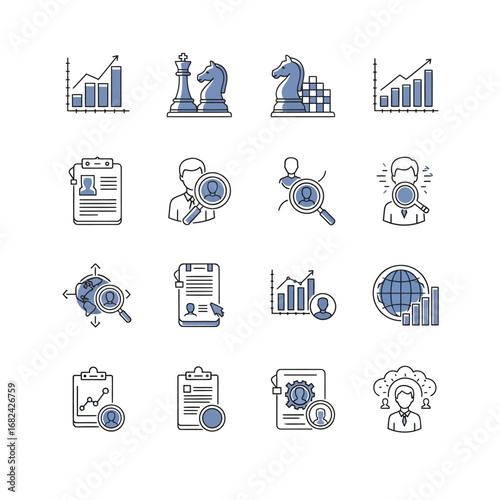 Strategic Visions: A curated collection of meticulously crafted icon showcases strategic business concepts, emphasizing elements such as analysis, data, and success