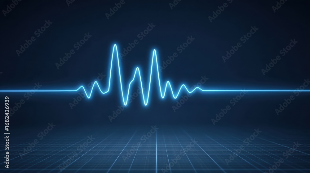 Obraz premium Neon Blue Heartbeat Pulse on a Dark Background with Grid Lines, Representing Life Signs, Vital Signs, and Medical Technology Concepts