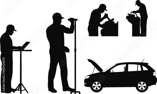 Worker silhouette collection, mechanic repair, laptop working, microphone stand, car maintenance, factory job, automotive service, industry labor, engineering, black illustration
