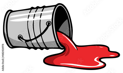 Dynamic red liquid pouring from overturned silver bucket vector illustration