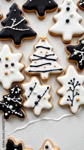 Christmas tree cookie black and white icing festive holiday winter sweet dessert decorated joyful celebration, shaped cookies arranged white