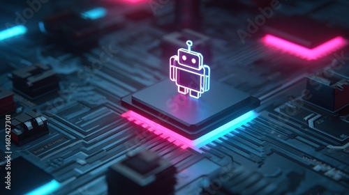 Neon Android Robot on Circuit Board Futuristic Technology Concept