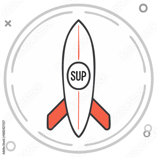 Stand up paddleboard surfboard line art icon for summer water sports and recreation