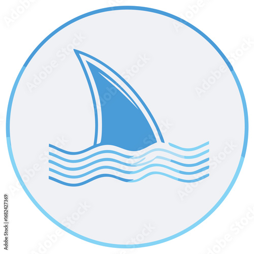 Blue Shark Fin Silhouette with Waves inside Circle Symbol. Aquatic Predator Icon