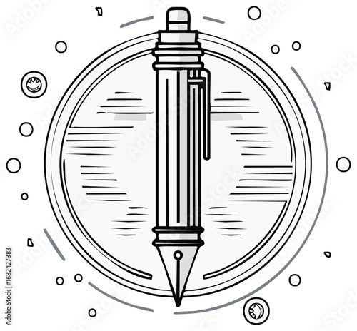 Elegant fountain pen line art illustration centered within a stylish circular frame concept.
