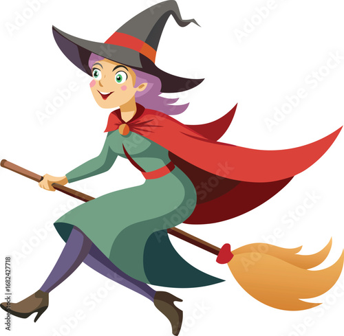 Witch riding broomstick with flowing cape