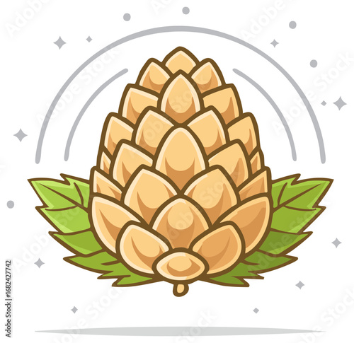 Stylized golden hop cone illustration with leaves for beer brewing