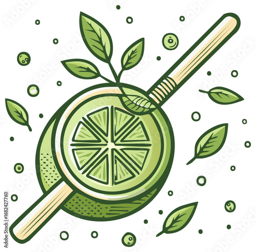 Refreshing lime slice with straw and green leaves vector illustration