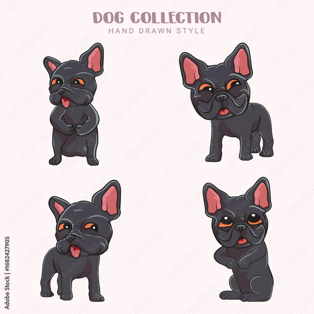 Obraz premium Cute French Bulldog dogs vector set Collection of hand drawn kawaii style in illustration
