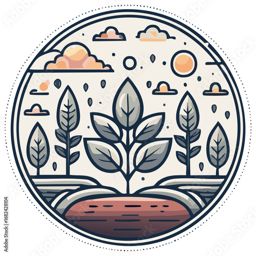 Nature Illustration Tree Seedling Graphic Scene Cloud Sun in Circle Outline Art