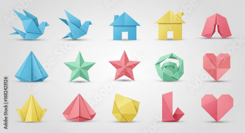 Origami paper art vector set diy folding birds houses stars hearts geometric shapes papercraft collection
