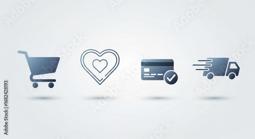 E commerce shopping online retail store cart heart payment method delivery truck service vector design