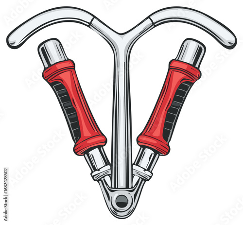 Detailed cartoon illustration of a chrome freestyle scooter Y-bar handlebar with red and black grips