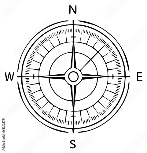 Black and white compass rose, navigational directions, North, South, East, and West