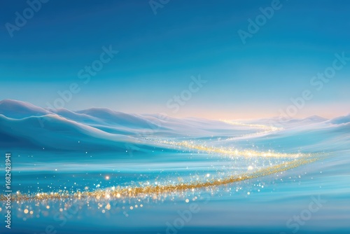 Serene landscape with gold glitter path across frosted hills under a clear blue sky
