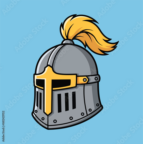 Striking knight helmet with golden accents and plume