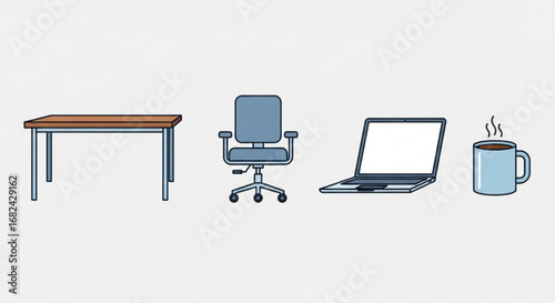 Office desk chair laptop and coffee mug vector illustration for workspace setup and remote work concept