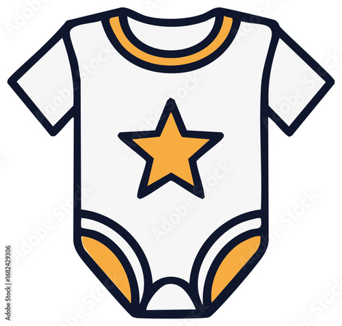 Cute white baby bodysuit with yellow star and trim, charming child clothing illustration