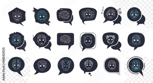 Ai chatbot technology concept with robot faces and brain icons for artificial intelligence future 100
