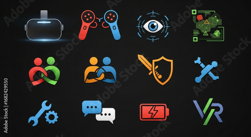 Virtual reality vr gaming metaverse augmented reality icons set for game development and user interface design