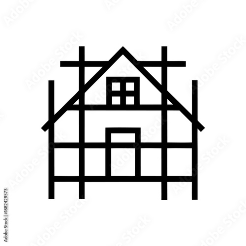 Outline icon of a house with scaffolding, symbol of building in progress.
