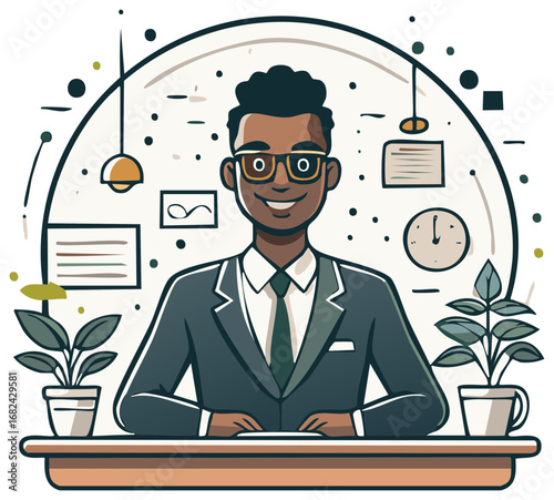 Cheerful Businessman at Desk in Modern Office Illustration with Plants and Clock