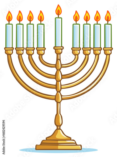 Cartoon golden menorah with nine lit candles celebrating Hanukkah holiday vector illustration