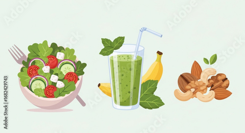 Healthy eating concept salad smoothie and nuts for diet balanced nutrition and wellness lifestyle image