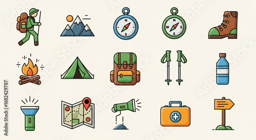 Camping hiking gear and equipment vector illustration for outdoor adventure and travel essentials checklist guide