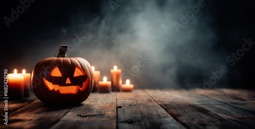 halloween pumpkin with candles and a ghost on a wooden table, spooky halloween festival concept, dark background,