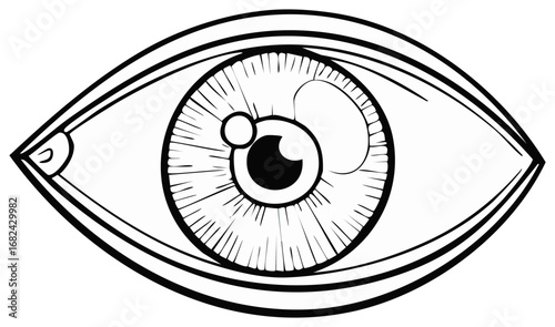 Stylized human eye line art drawing. Black and white graphic icon for vision, perception, and looking concepts.