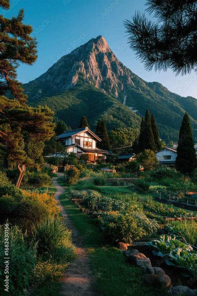 Fototapeta premium Traditional house and garden with mountain backdrop during a serene sunset