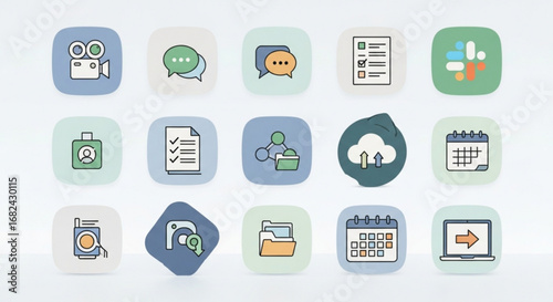 Business communication tools and project management software icons for digital collaboration and workflow efficiency