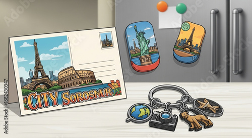Travel souvenirs magnets and postcard featuring eiffel tower statue of liberty and colosseum artwork design