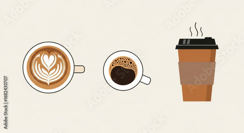 Coffee latte art espresso cappuccino takeaway hot drink beverage cafe morning refreshment vector illustration