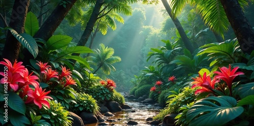 Lush tropical garden overflowing with vibrant flowers, exotic foliage, and abundant greenery  Perfect for travel, nature, and botanical themes ,  flowers,  leaves