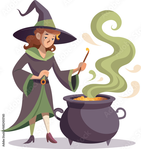 Witch stirring potion with swirling smoke rings