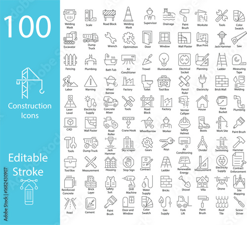 Collection of 100 Line icon set construction. Web icon set featuring various tools, equipment, and safety symbols for use in digital projects. Line icons Editable Stroke