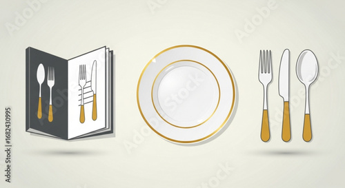 Elegant dining guide with plate, spoon, fork, and knife illustration for restaurant and culinary designs