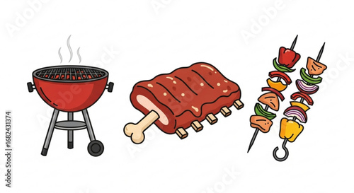 Barbecue grill ribs and skewers vector illustration for summer bbq cookout and grilling party design