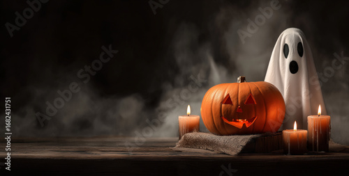 halloween pumpkin with candles and a ghost on a wooden table, spooky halloween festival concept, dark background,