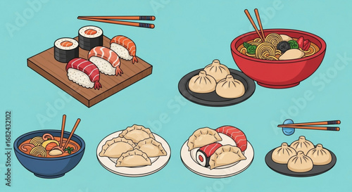 Delicious asian cuisine illustration featuring sushi ramen and dumplings perfect for food blog and restaurant 100