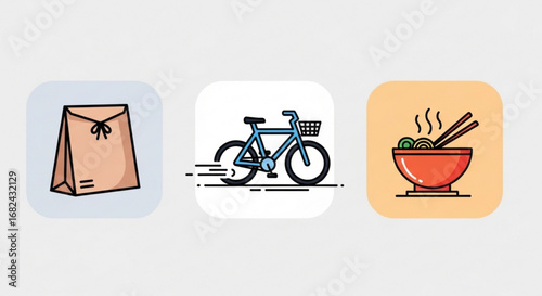 Food delivery service with bicycle and takeout bag for restaurant and fast food order and hot noodle bowl