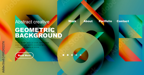 Abstract geometric design. Vibrant colors blend, creating dynamic visual experience. Website header with navigation options present.