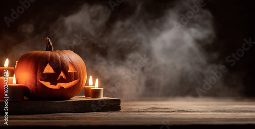 halloween pumpkin with candles and a ghost on a wooden table, spooky halloween festival concept, dark background,