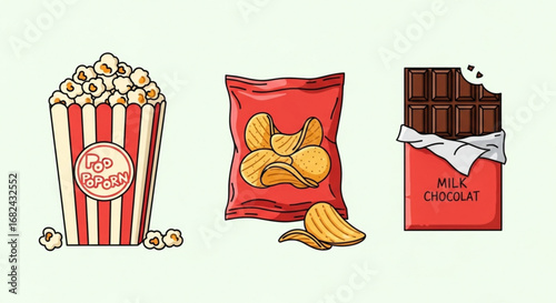 Illustration of unhealthy snack foods including popcorn chips and chocolate bar for junk food cravings