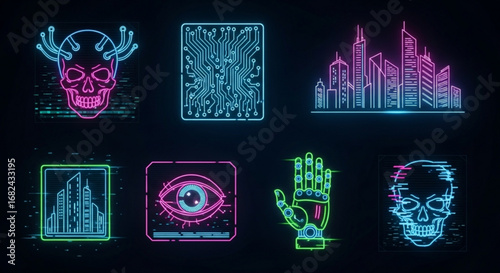 Cyberpunk neon icons set vector illustration including skull city circuit board eye and robotic hand design 100