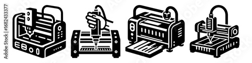 Modern Minimalist Laser Cutter Icon, Flat Silhouette of an Industrial Cutting Machine Vector for Manufacturing Illustration Design